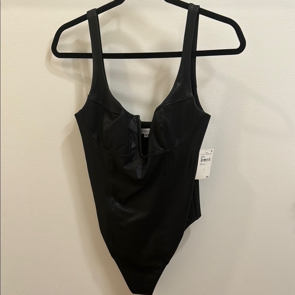 Good American Black Faux Leather Bodysuit